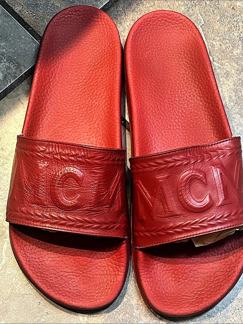 Men’s MCM red leather slides with rubber heel size 11  used